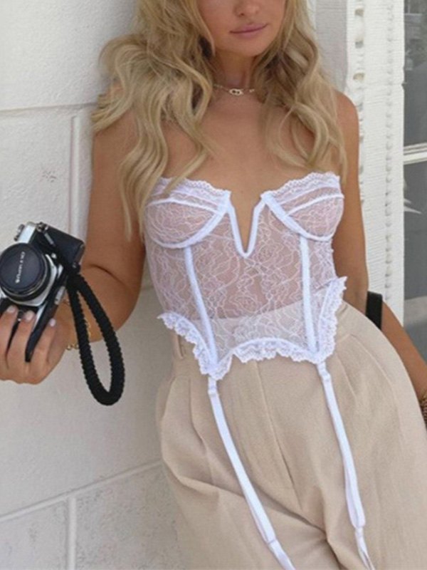 EMMIOL Top corsé de encaje transparente sin tirantes