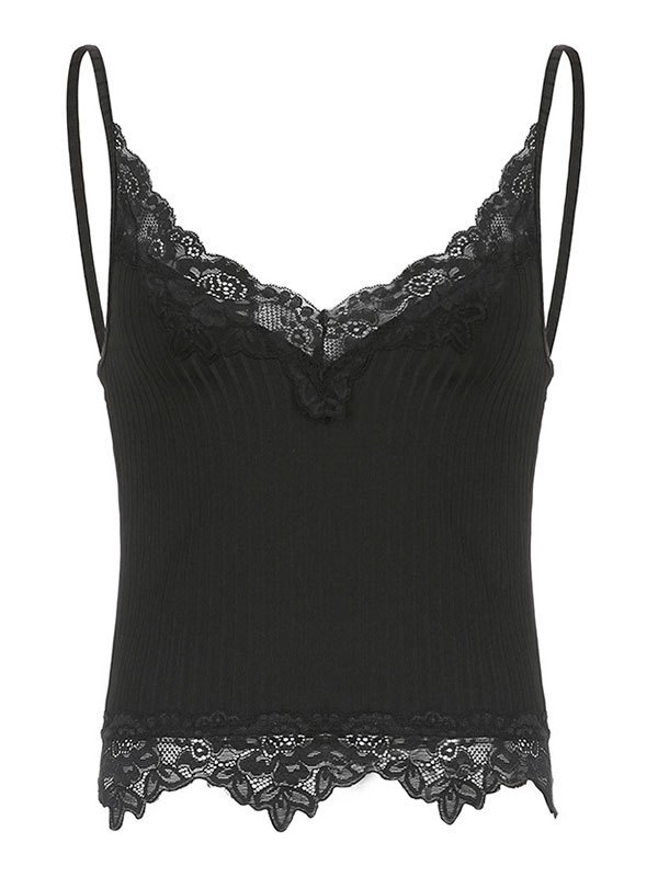 EMMIOL Lace Paneled Rib Crop Cami Top