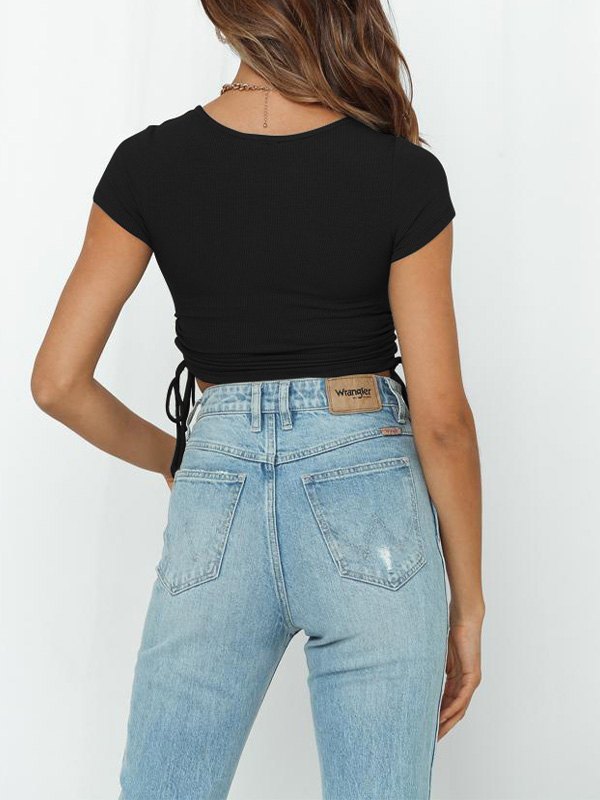 EMMIOL Short Sleeve Drawstring Rib Crop Top
