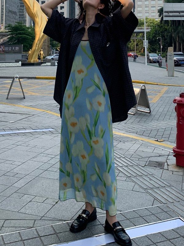 EMMIOL Mesh Smudged Floral Sling Midi Dress