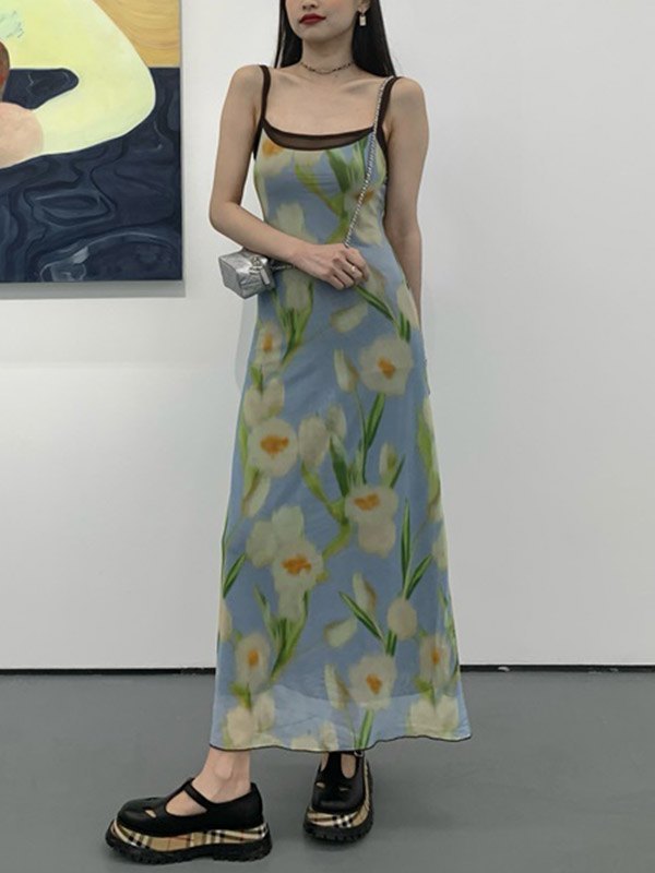 EMMIOL Mesh Smudged Floral Sling Midi Dress