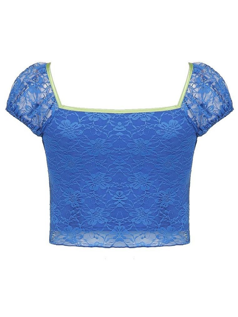 Emmiol Free shipping 2024 Short Sleeve Lace Crop Top Blue M in Crop