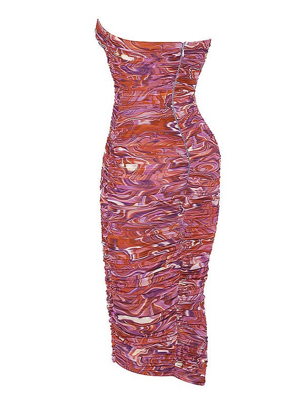 EMMIOL Strapless Swirl Print Ruched Midi Dress