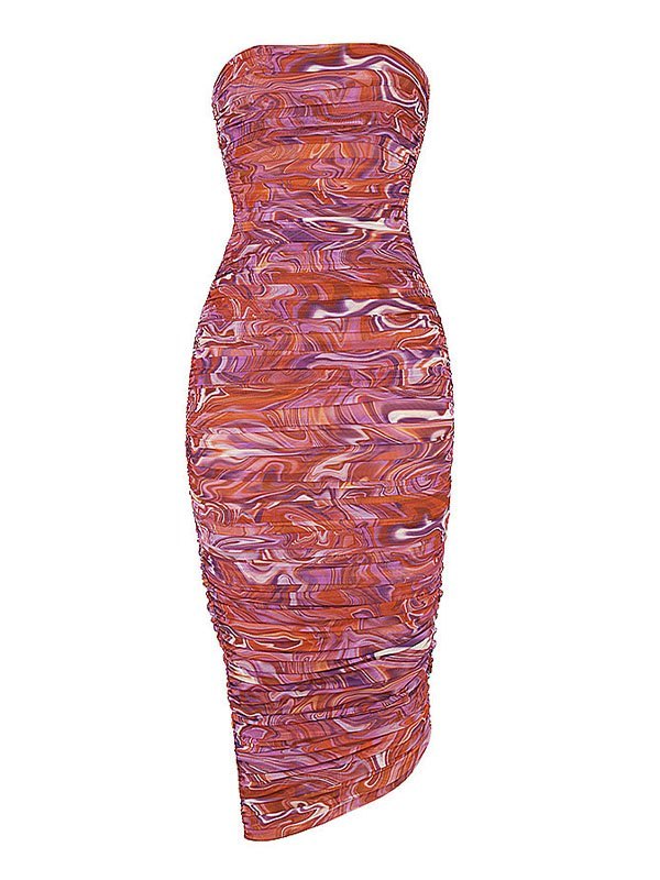 EMMIOL Strapless Swirl Print Ruched Midi Dress
