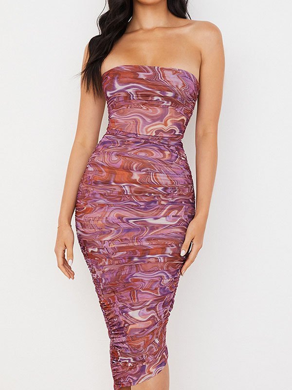EMMIOL Strapless Swirl Print Ruched Midi Dress