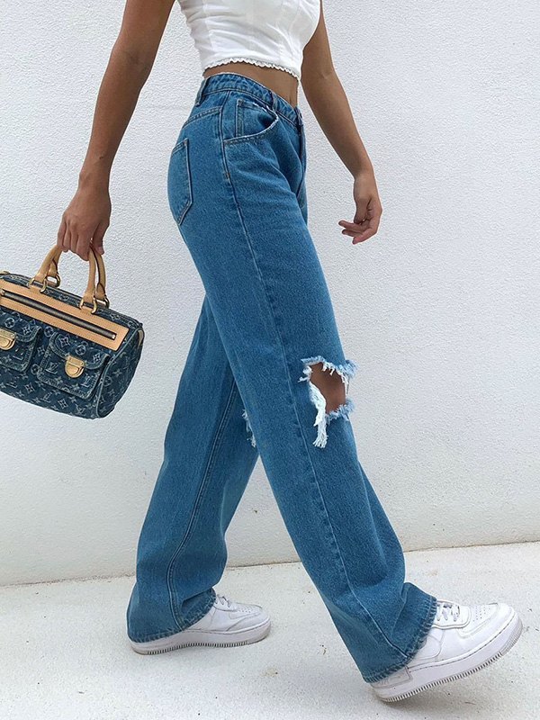 EMMIOL High Waist Exposed Ripped Jeans