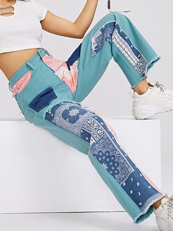 Emmiol Free shipping 2023 Patchwork Bandana Print Boyfriend Jeans Blue