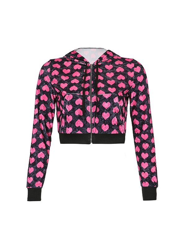 EMMIOL Velvet Heart Pattern Hooded Crop Jacket