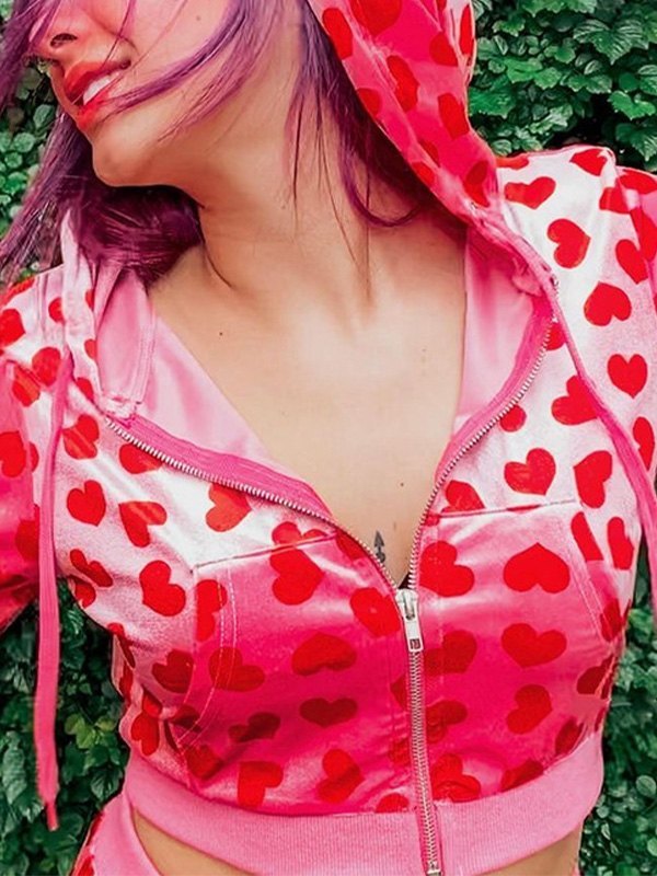 EMMIOL Velvet Heart Pattern Hooded Crop Jacket