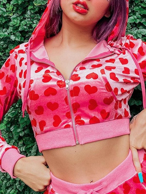 EMMIOL Velvet Heart Pattern Hooded Crop Jacket