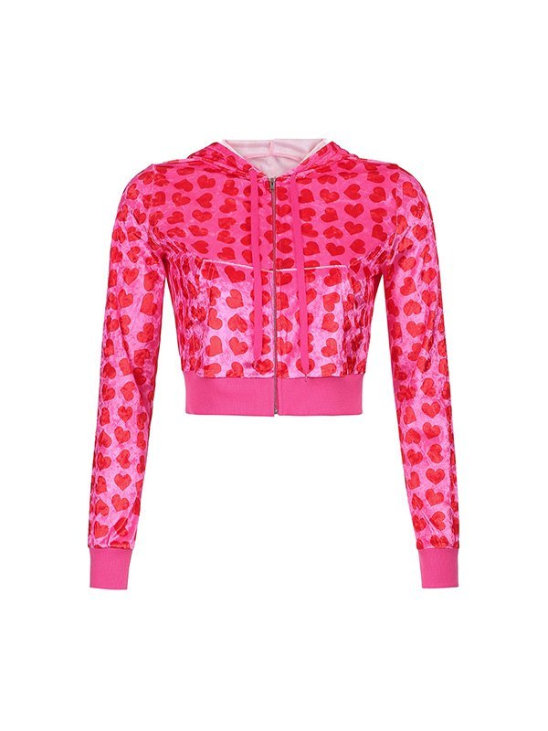 EMMIOL Velvet Heart Pattern Hooded Crop Jacket