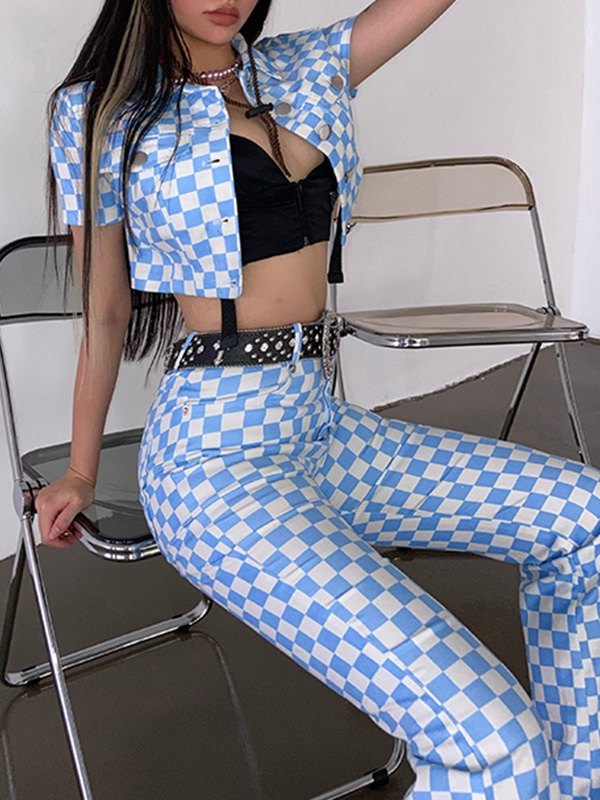 Emmiol Free shipping 2026 Checkered Print Short Sleeve Crop Jacket Blue ...