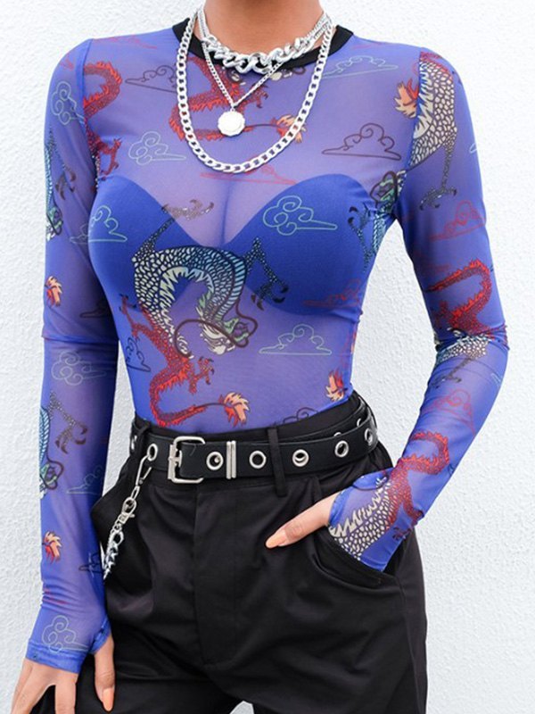 EMMIOL Dragon Print Sheer Mesh Top