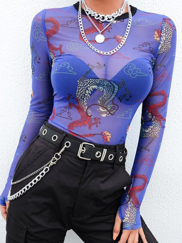 EMMIOL Dragon Print Sheer Mesh Top