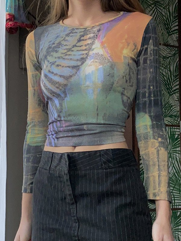 Cropped 2018 Ladies Dog Printing T Shirt Women Spring Long Sleeve Colorful Striped Patchwork 