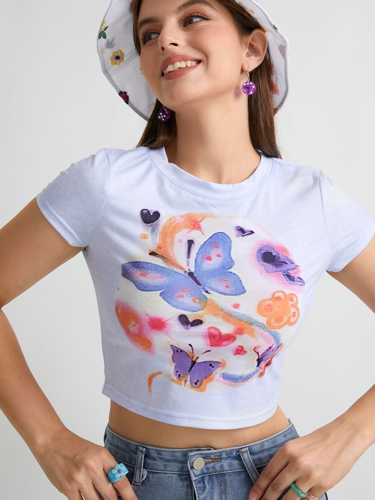 EMMIOL Fancy Butterfly Print Crop Top