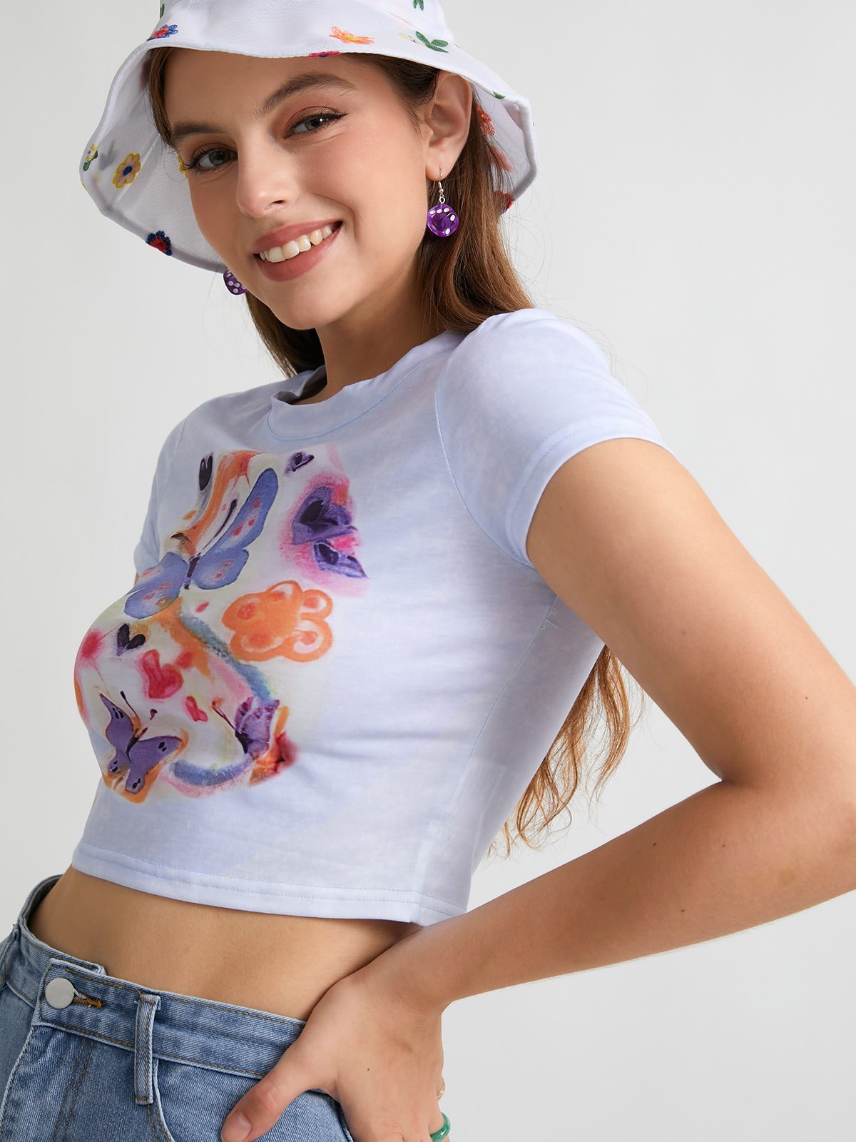 EMMIOL Fancy Butterfly Print Crop Top