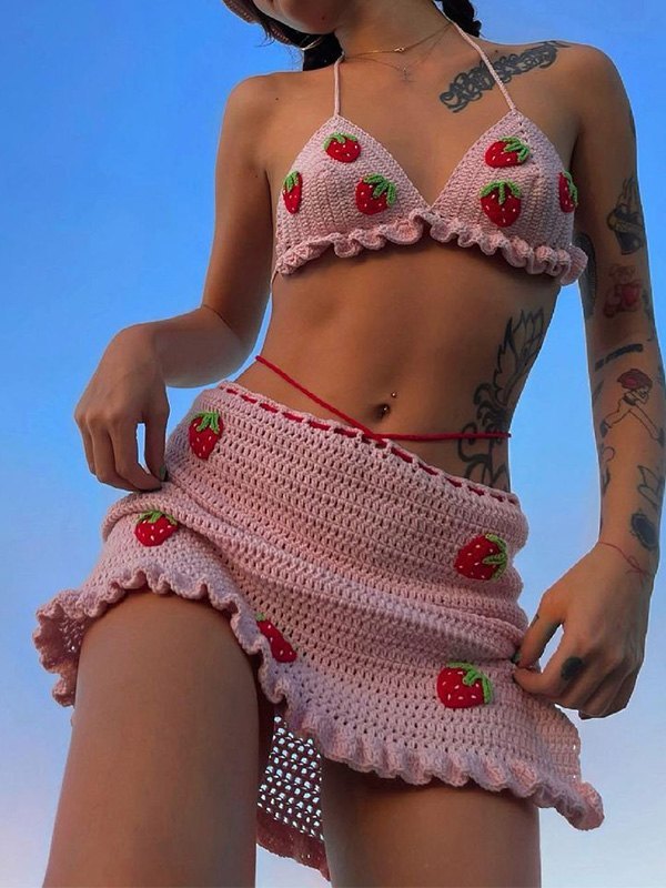 Emmiol Free shipping 2023 Strawberry Crochet Knit Skirt Set Pink L in