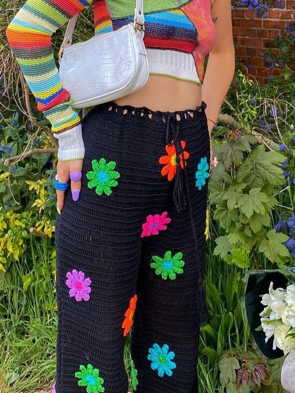 EMMIOL Pantalones de pierna recta con flores de punto de ganchillo