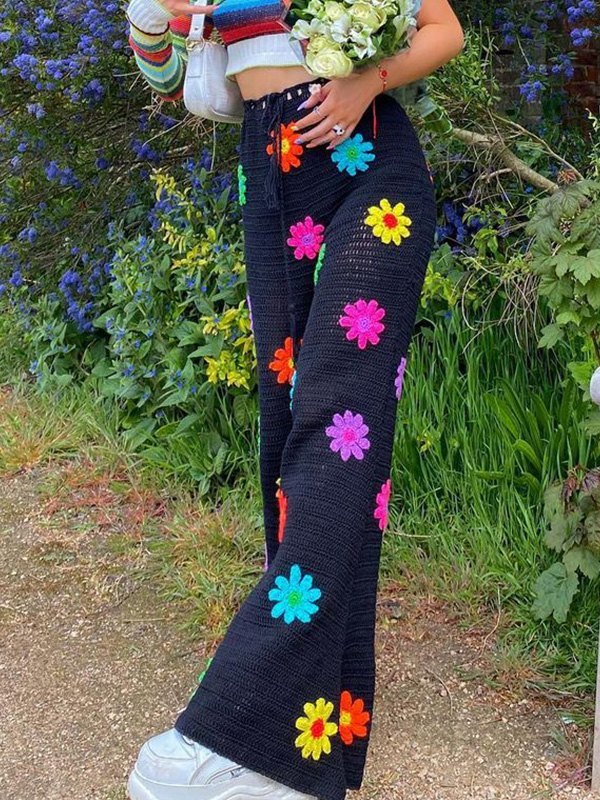 EMMIOL Pantalones de pierna recta con flores de punto de ganchillo