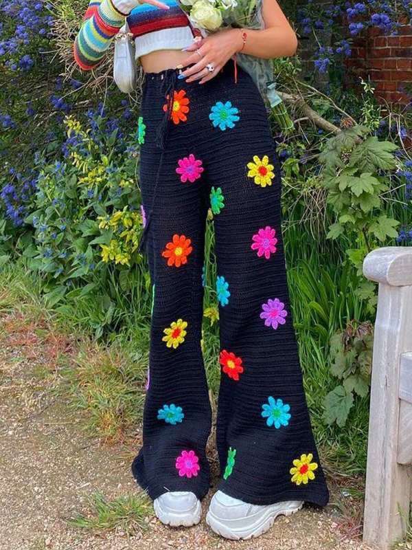 EMMIOL Pantalones de pierna recta con flores de punto de ganchillo