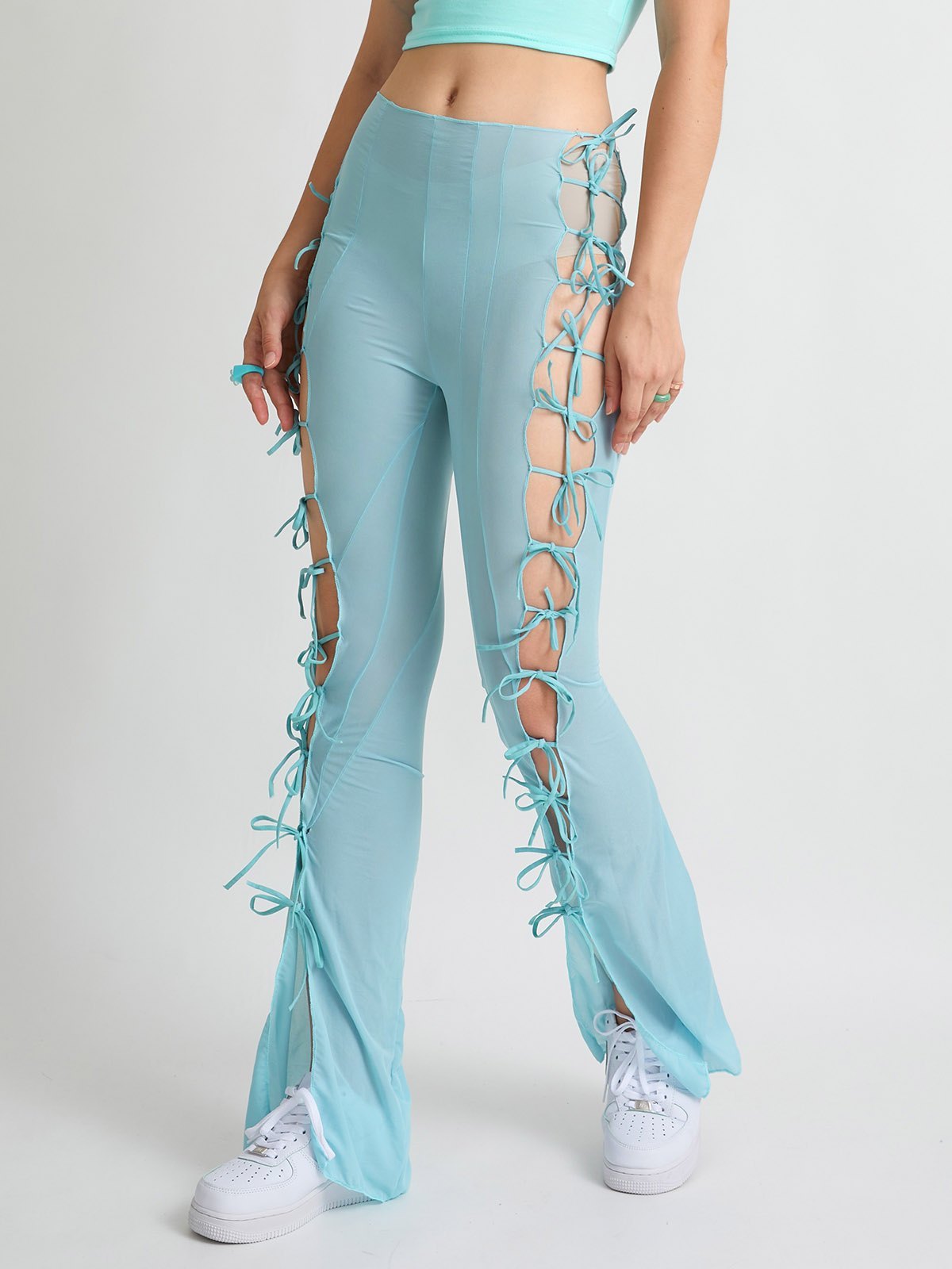 Emmiol Free shipping 2025 Lace Up Mesh Flare Leg Pants Pure Blue M in 