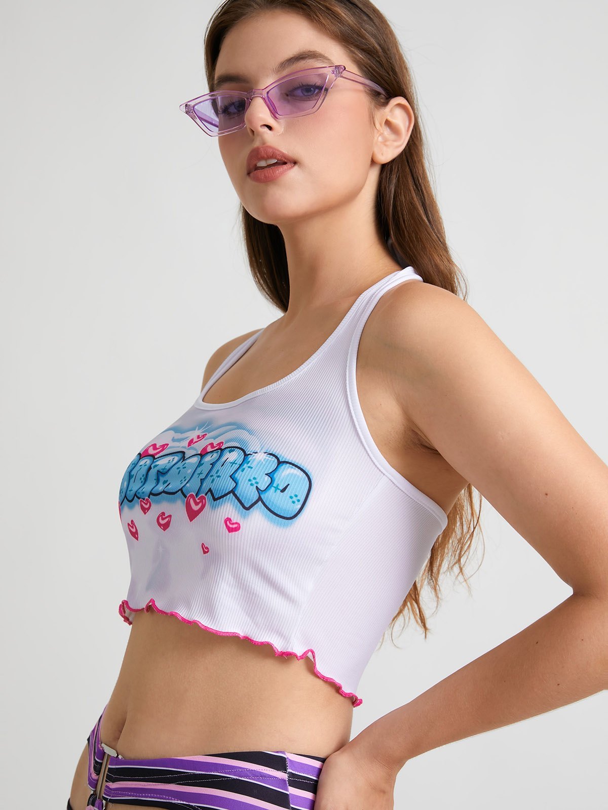 EMMIOL Letter Graphic Halter Rib Crop Tank Top