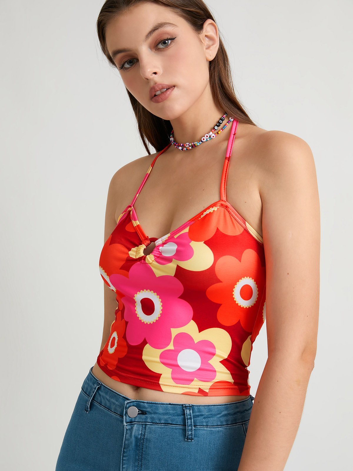 EMMIOL Flower Print Halter Crop Cami Top