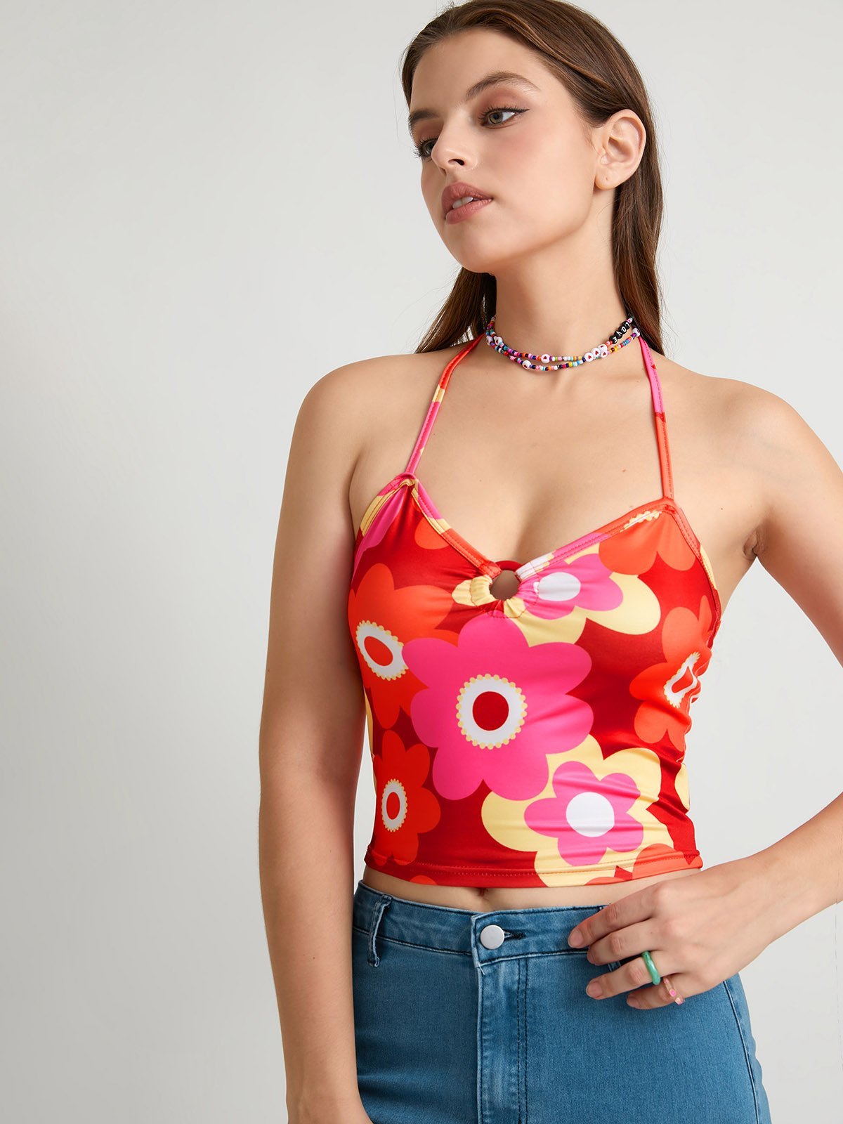 EMMIOL Flower Print Halter Crop Cami Top