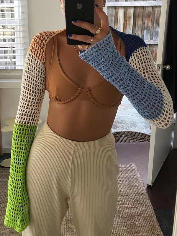 2022 Crochet Knit Long Sleeve Overlay Cardigan Green ONE SIZE In