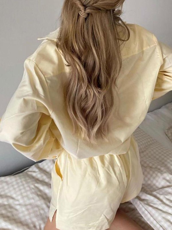 EMMIOL Cremefarbene, übergroße zweiteilige Outfits aus Baumwolle mit Knöpfen