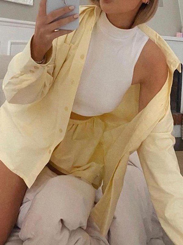 EMMIOL Cremefarbene, übergroße zweiteilige Outfits aus Baumwolle mit Knöpfen