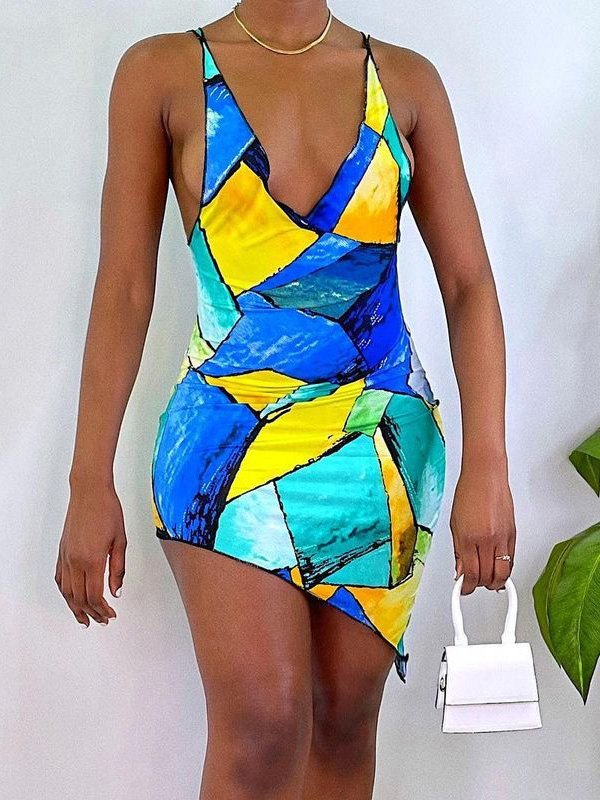 EMMIOL Irregular Geometric Print Midi Dress