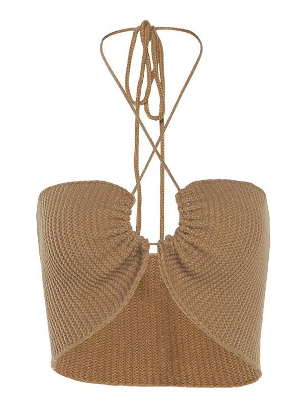 Emmiol Free shipping 2023 Crochet Knit Halter Crop Cami Top Brown ONE