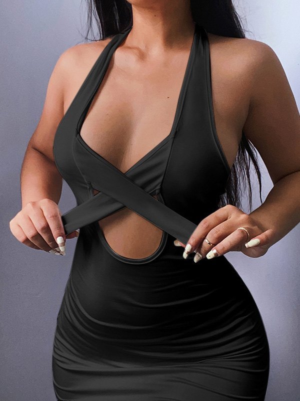 EMMIOL Criss Cross Halter Bodycon Mini Dress
