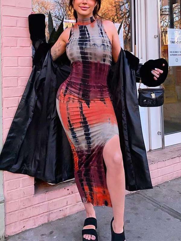 EMMIOL Printed Bodycon Slit Maxi Dress