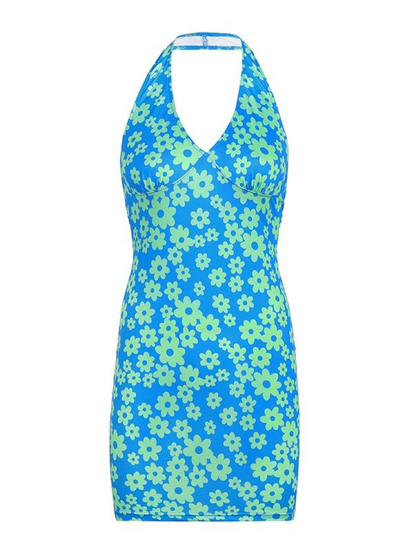 Emmiol Free shipping 2023 Floral Print Halter Mini Dress Blue S in Mini Dresses online store