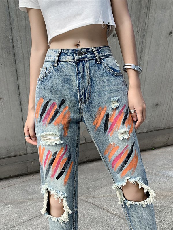 EMMIOL Vaqueros rotos con estampado de salpicaduras