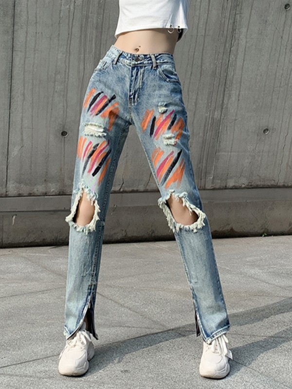 EMMIOL Vaqueros rotos con estampado de salpicaduras