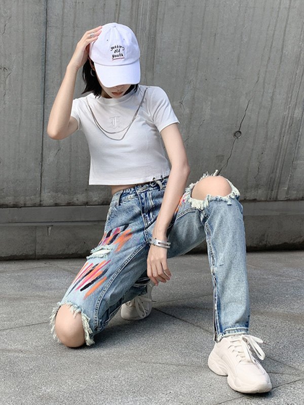 EMMIOL Vaqueros rotos con estampado de salpicaduras