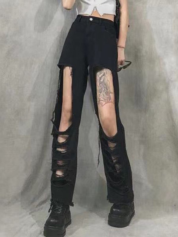 EMMIOL High Waist Exposed Ripped Jeans