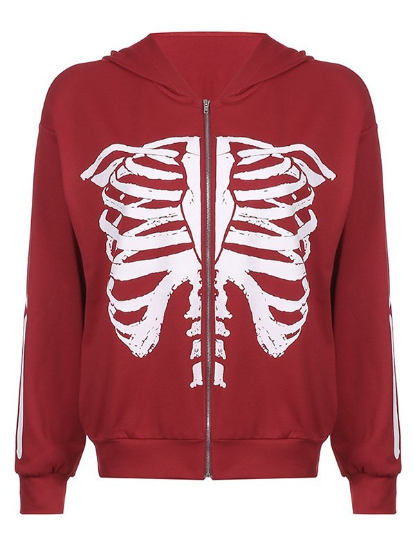 skeleton print zipper hoodie