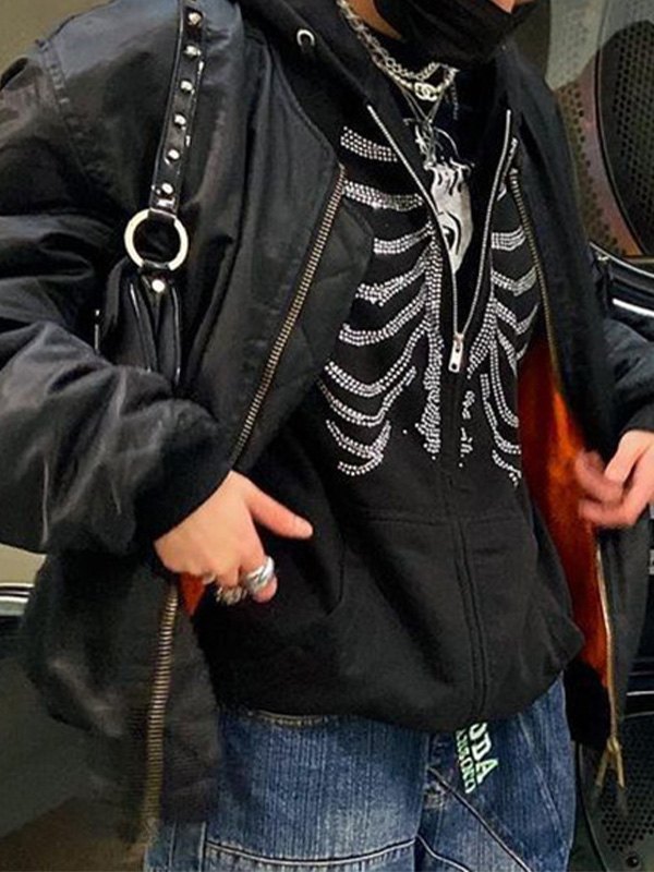 rhinestone skull zipper hoodie