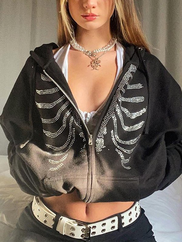 2021 Rhinestone Skull Zipper Hoodie Black L In Hoodies & Sweatshirts Online Store. Best For Sale 