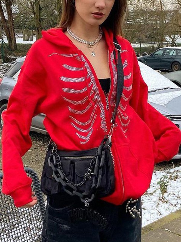 rhinestone skull zipper hoodie