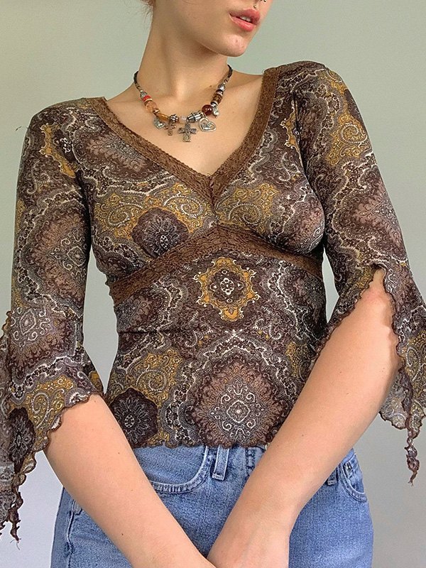 EMMIOL Lace Paneled Printed Mesh Crop Top