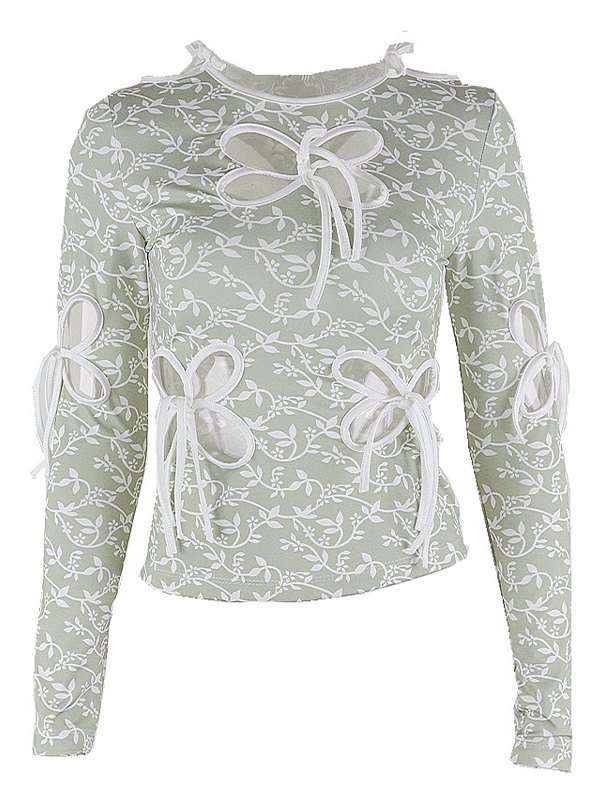 Emmiol Free shipping 2023 Cutout Floral Long Sleeve Crop Top Green L in