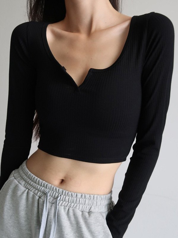 EMMIOL Rib Knit Long Sleeve Crop Top