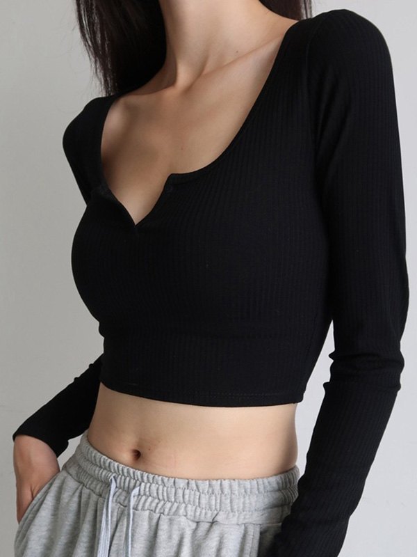 EMMIOL Rib Knit Long Sleeve Crop Top