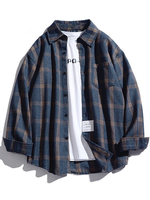 2022 Camisa de manga larga con botones a cuadros para hombre Azul marino L  In Camisas Online Store. Best For Sale | Emmiol.com